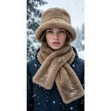 Kadın Lüks İthal Kürk Bucket Şapka ve Boyunluk Atkı Takımı Peluş Soft Şapka Seti Kışlık Aksesuar