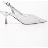 Kadın Lunar Gümüş File Detaylı Kısa Topuklu Stiletto