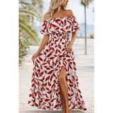 Kadın Madonna Yaka Göğüs Lastikli Yırtmaçlı Uzun Desenli Süprem Elbise - 2XL-3XL - Kırmızı