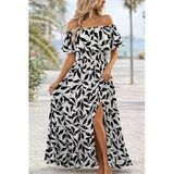 Kadın Madonna Yaka Göğüs Lastikli Yırtmaçlı Uzun Desenli Süprem Elbise - Siyah / 2Xl-3Xl