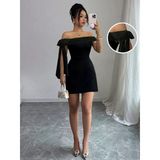 Kadın Madonna Yakalı Kurdela Detaylı Kısa Ithal Krep Elbise - Siyah / 2Xl-3Xl