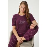 Kadın Magic Viskon Bisiklet Yaka Kısa Kol Mürdüm Alt Üst Pijama Takımı