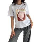 Kadın Marrakesh Baskılı Oversize T-Shirt – Siyah Tavuk Desenli Basic Tişört, beyaz, m
