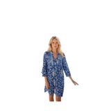 Kadın Mavi Beyaz Etnik Desenli Bohem Tunik Elbise - Otantik Desenli Resort Wear Lacivert Standart