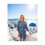 Kadın Mavi Beyaz Etnik Desenli Bohem Tunik Elbise - Otantik Desenli Resort Wear Lacivert Standart