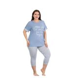 Kadın Mavi Çizgili Büyük Beden Kısa Kollu Kapri Pijama Takım, 2XL, LD10670-198IGP100590