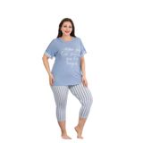 Kadın Mavi Çizgili Büyük Beden Kısa Kollu Kapri Pijama Takım, 4XL, LD10670-198IGP100592