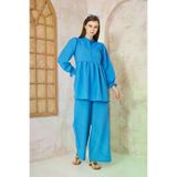 Kadın Mavi Gofre Balon Kol Büzgülü Tunik / Beli Lastikli Cepli Pantolon Tesettür Takım 700-3531396