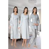 Kadın Mavi Kareli Uzun Kollu Sabahlıklı Gecelik Pijama Takımı 4'lü Set, S, Effortt8086-19804IGP27168159