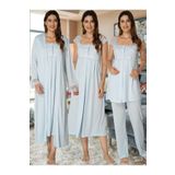 Kadın Mavi Pijama Takımı Gecelik Sabahlık Lohusa Hamile 4'lü Set, L, B2305EF-19804IGP264112