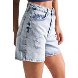 Kadın Mavi Renk 12s5-3 Mom Fit Midi Boy Lazer Detaylı Yırtık%100 Koton Denim Şort Mavi 12s5-3 36