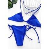 Kadın Mavi Yandan Bağlamalı Tangalı Üçgen Bikini Mayo Takımı