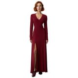Kadın Maxi Bodycon Kalıp V Yaka Uzun Kollu Düz Desen Yırtmaç Detaylı Şık Modern Örme Elbise-Bordo-S