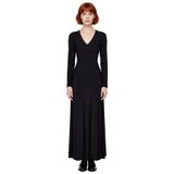 Kadın Maxi Bodycon Kalıp V Yaka Uzun Kollu Düz Desen Yırtmaç Detaylı Şık Modern Örme Elbise-Siyah-XS