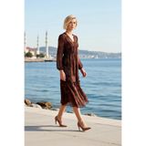 Kadın Maxi Elbise V Yaka Uzun Balon Kol Şal Desen Skater Kalıp Yoryo Şifon Dokuma Astarlı Model