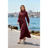 Kadın Maxi Elbise Yaka Uzun Kol Skater Kalıp Dokuma Düz Desen Astarsız Günlük Kullanım