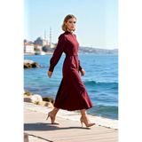 Kadın Maxi Tesettür Elbisesi Dik Yaka Uzun Kol Kuşaklı Terrycotton Dokuma Rahat Kesim Günlük Modern