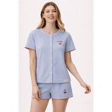 Kadın Mediterranean Kiraz Nakışlı Şortlu Pijama Takımı Mavi