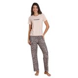Kadın Milan Kumaş Leopar Desen Bisiklet Yaka Kısa Kollu Pijama Takımı