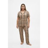 Kadın Milan Kumaş Önü Düğmeli Mevsimlik Kısa Kol Pijama Takımı-Bej-4XL