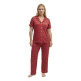 Kadın Milan Kumaş Önü Düğmeli Mevsimlik Kısa Kol Pijama Takımı-Kırmızı-4XL