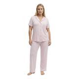 Kadın Milan Kumaş Önü Düğmeli Mevsimlik Kısa Kol Pijama Takımı-Pembe-4XL