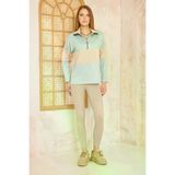 Kadın Mint Bej Uzun Kol Fermuarlı Polo Yaka Color Block Basic Salaş Sweatshirt Bluz 3471242