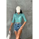 Kadın Mint Triko Pamuk Elastan Crop Kazak