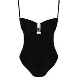 Kadın Moda Atma Kap Askılı Brief Yaka Siyah Straplez Aksesuarlı High Leg Regular Mayo