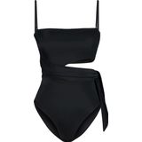 Kadın Moda Atma Kap Askılı Brief Yaka Siyah Straplez Cut Out Pencereli Regular Mayo