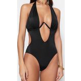 Kadın Moda Kapsız Askılı Derin V Yaka Siyah Balkonet Ters V Balenli High Leg Brazilian Mayokini