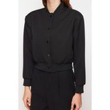 Kadın Moda Şık Bol Hakim Yaka Crop Düz Astarlı Oversize Crop Ince Bomber Mont - Siyah