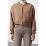 Kadın Moda Şık Bol Hakim Yaka Crop Düz Astarlı Oversize Crop Ince Bomber Mont - Vizon - 2XS