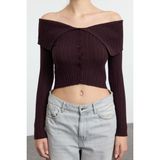 Kadın Moda Şık Carmen Yaka Standart Kol Crop Özel Iplik Triko Hırka - Koyu Kahverengi