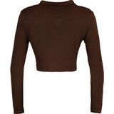 Kadın Moda Şık Crop Polo Yaka Uzun Kol Düz Crop Fermuarlı Triko Hırka - Kahverengi - XS
