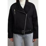 Kadın Moda Şık Oversize Gömlek Yaka Standart Düz Astarlı Kemerli Gabardin Biker Ince Ceket Mont - Siyah - XS