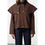 Kadın Moda Şık Oversize Gömlek Yaka Standart Düz Astarlı Omuz ve Yaka Detaylı Ince Ceket Mont - Kahverengi - XL
