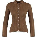 Kadın Moda Şık Regular Polo Yaka Uzun Kol Düz Fitilli Polo Yaka Triko Hırka - Kahverengi - S