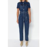 Kadın Moda Standart Kol Boru Paça Ceket Yaka Düz Desen Uzun Kemerli Denim Tulum