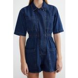 Kadın Moda Standart Kol Boru Paça Dik Yaka Düz Desen Kısa Beli Lastikli Denim Şort Tulum
