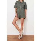 Kadın Moda Standart Kol Geniş Paça Ceket Yaka Düz Desen Kısa Beli Lastikli Denim Şort Tulum