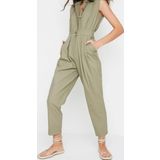 Kadın Moda Standart Kol Geniş Paça Gömlek Yaka Maxi Gömlek Yaka Kolsuz Gabardin Dokuma Tulum