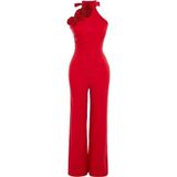 Kadın Moda Standart Kol Geniş Paça Halter Yaka Düz Desen Uzun Gül Detaylı Dokuma Tulum