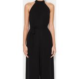 Kadın Moda Standart Kol Geniş Paça Halter Yaka Uzun Kuşaklı Maxi Şifon Astarlı Dokuma Tulum