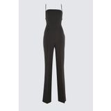 Kadın Moda Standart Kol Geniş Paça Kare Yaka Düz Desen Regular Dokuma Tulum