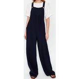 Kadın Moda Standart Kol Geniş Paça Kare Yaka Uzun Jile Form Keten Görünümlü Bol Paça Dokuma Tulum