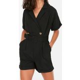 Kadın Moda Standart Kol Geniş Paça Kruvaze Düz Desen Kısa Kemerli Kurvaze Yaka Mini Dokuma Tulum