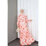 Kadın Modal Kumaş Çiçek Desenli Tesettür Yarım Pat Düğmeli Yazlık Elbise Pembe HNT2130 - 48