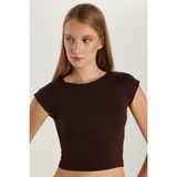 Kadın Modal Kumaş Slim Fit Dar Kesim Kısa Kollu Bisiklet Yaka Kahverengi Bluz