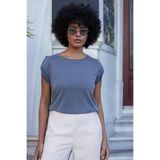 Kadın Modal Penye Geniş Sıfır Yaka Düşük Omuzlu Apoletli Kısa Kol T-shirt Bluz-Antrasit